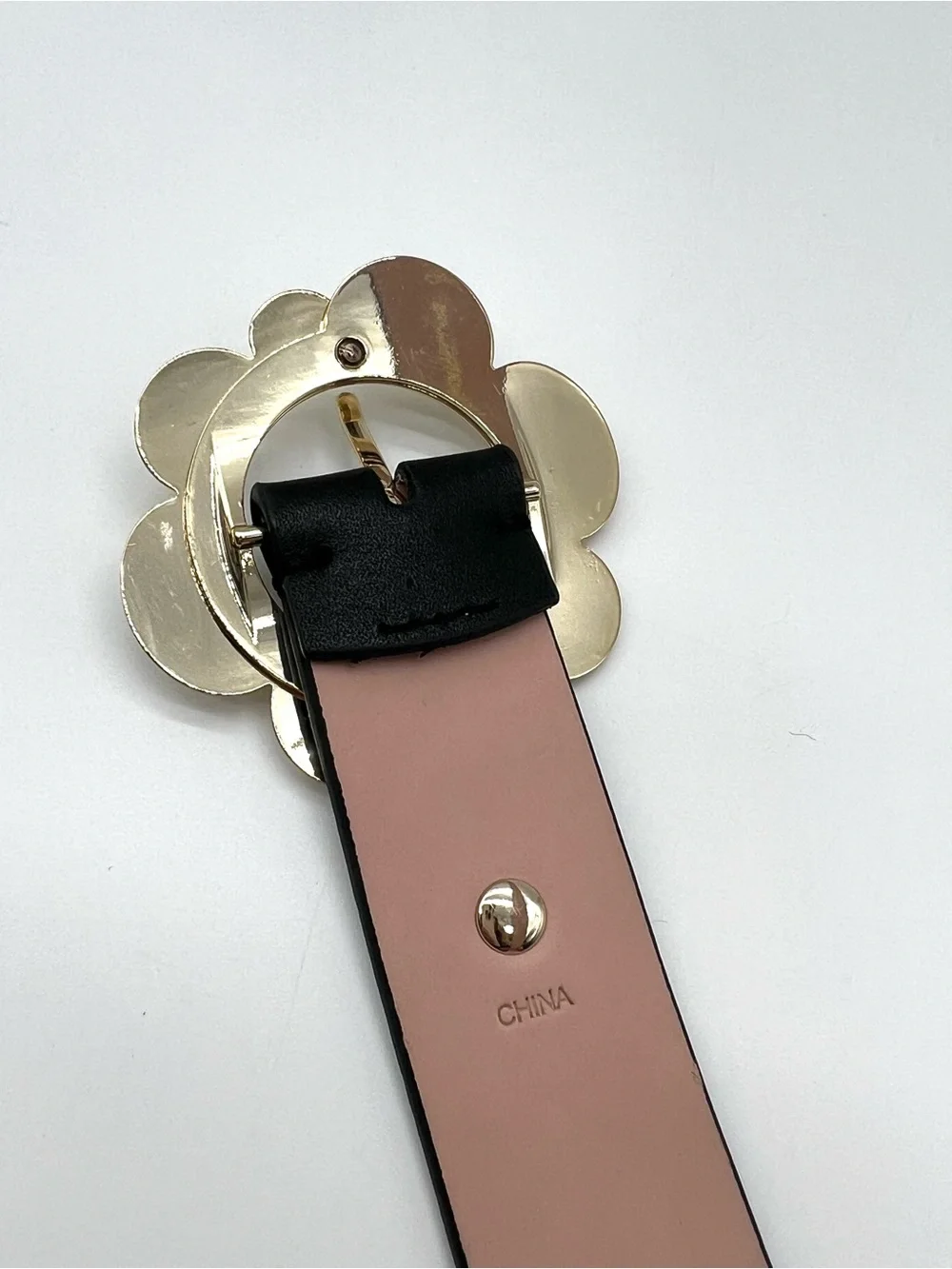 Kate Spade Flower Buckle Black Genuine Leather Belt Gold Size M KS2000565